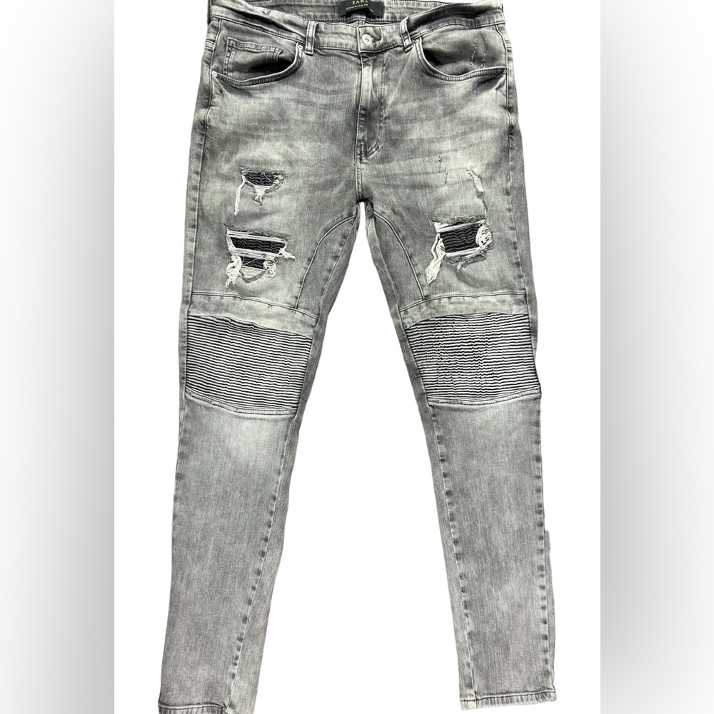 Zara Men’s Jeans Gray Denim Distressed 5 Pocket Zip Fly Size 36